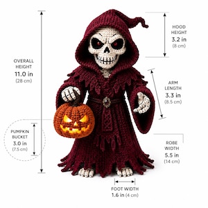 Halloween Grim Reaper Crochet Pattern PDF, Skeleton Pumpkin Amigurumi Tutorial, Spooky Crochet Doll image 3