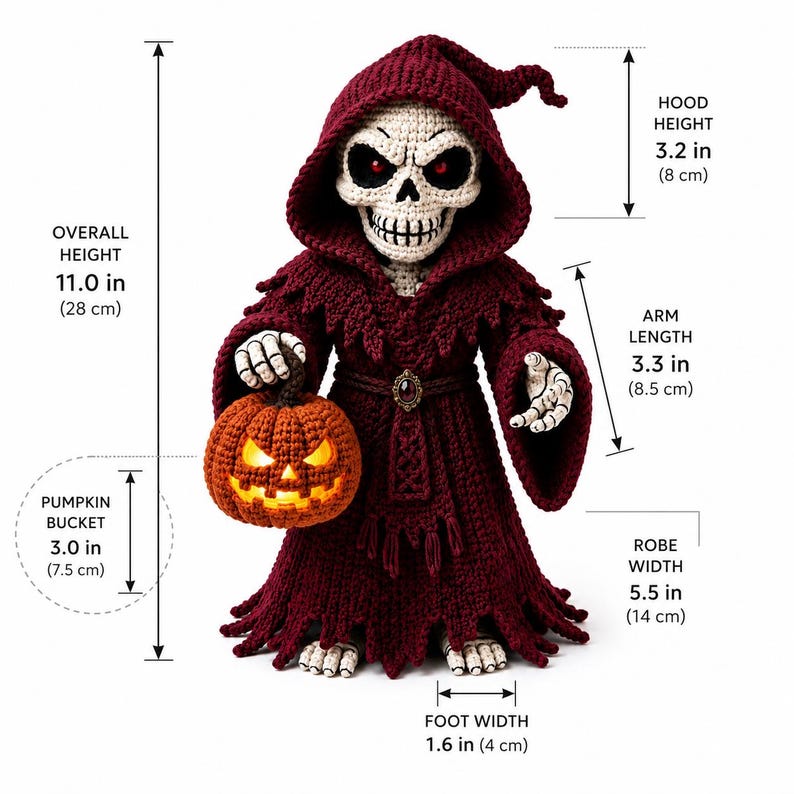 Halloween Grim Reaper Crochet Pattern PDF, Skeleton Pumpkin Amigurumi Tutorial, Spooky Crochet Doll image 3