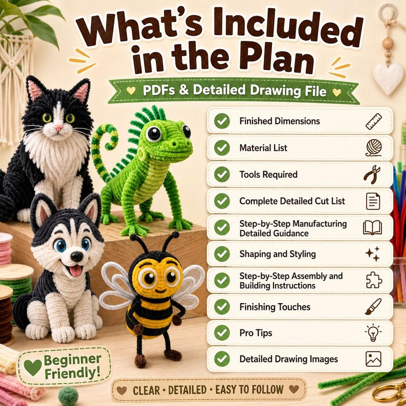 Op de afbeelding: Een digitale handleiding met vier gehaakte dieren: een zwart-witte kat, een groene leguaan, een husky-pup en een bij. De tekst luidt What's Included in the Plan, met een lijst van pdf's, tekenbestanden, afmetingen en instructies.