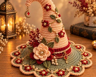 Crochet Witch Hat Pattern PDF, Gothic Halloween Decor, Woodland Sage Centerpiece, Crescent Moon Witchy