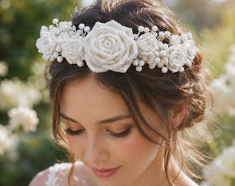 Handmade White Pipe Cleaner Floral Crown Bridal Wedding Headpiece Flower Girl Adjustable Bow Accessory
