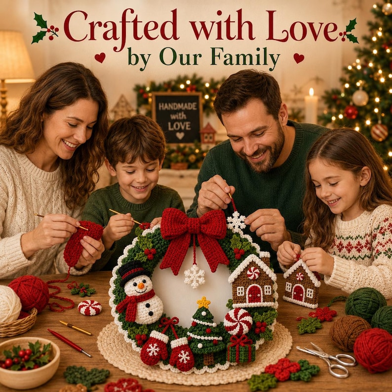 May include: A crocheted Christmas wreath featuring a large red bow, a snowman, a gingerbread house, a Christmas tree, mittens, and peppermint candies. The wreath is decorated with white snowflake accents and green foliage. Text reads Crafted with Love by Our Family.