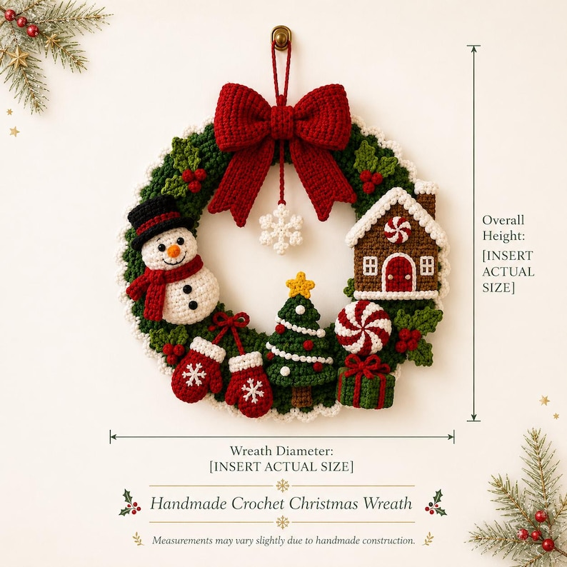 May include: A handmade crochet Christmas wreath featuring a large red bow, a snowman, a gingerbread house, a Christmas tree, red mittens, a peppermint candy, and a gift. A white snowflake hangs from the center. Text reads: Handmade Crochet Christmas Wreath.