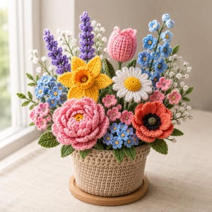 May include: A crochet flower arrangement featuring a pink peony, a yellow daffodil, a pink tulip, a white daisy, a red poppy, blue forget-me-nots, purple lavender, and small white filler flowers, all set in a beige crocheted pot on a wooden base.