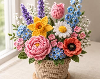 Beginner Crochet Flower Bouquet Pattern PDF | Amigurumi Pot Flowers Digital Download