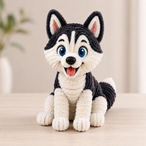 Op de afbeelding: Een pluche husky hondenspeeltje gemaakt van getextureerd zwart en wit garen. Het knuffeldier heeft grote blauwe ogen, een zwarte neus en een open mond met een roze tong. Het heeft puntige oren met roze details aan de binnenkant en een pluizige staart.