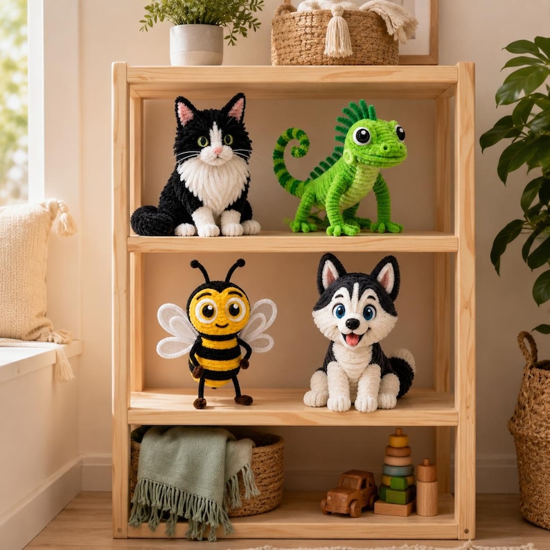 Op de afbeelding: Een verzameling van vier handgemaakte gehaakte knuffels op een houten plank. De set bevat een zwart-witte kat, een felgroene leguaan, een geel-zwart gestreepte bij met witte vleugels en een zwart-witte husky puppy.