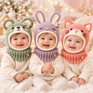 Può includere: Tre passamontagna all'uncinetto con disegni di animali. Il cappello a sinistra è verde salvia con orecchie da orso, quello centrale è color lavanda con lunghe orecchie da coniglio e un fiore, e quello a destra è rosa corallo con orecchie da gatto.
