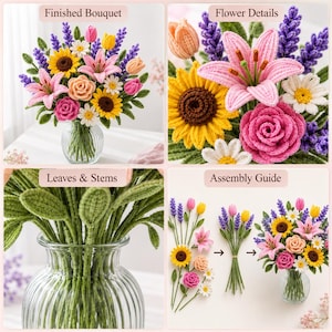 May include: A crochet flower bouquet featuring sunflowers, pink lilies, roses, daisies, and purple lavender sprigs arranged in a clear glass vase. The image includes detailed close-ups of the individual flowers, green stems, and an assembly guide.