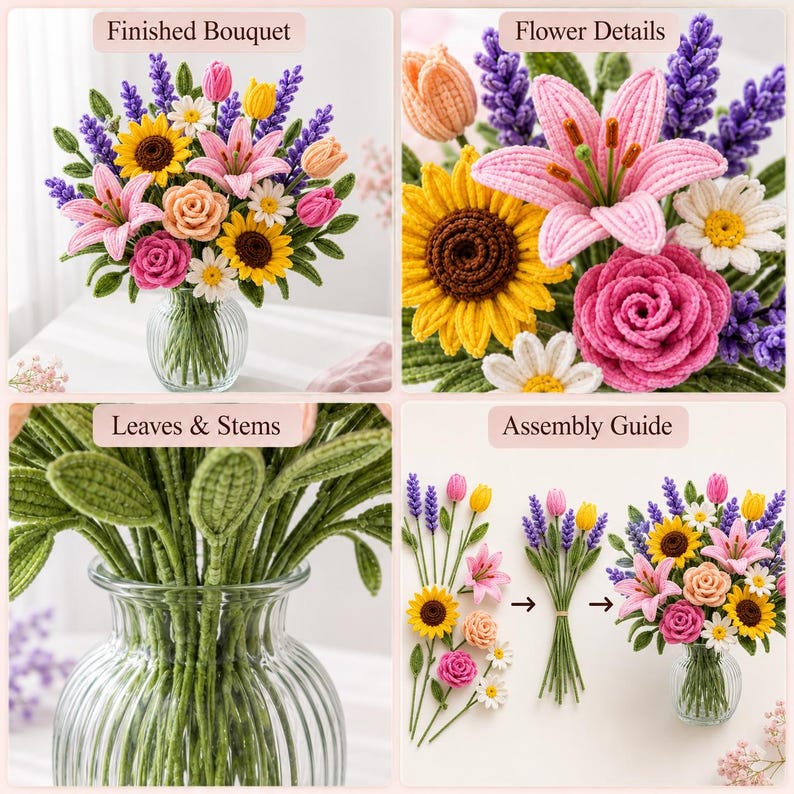 May include: A crochet flower bouquet featuring sunflowers, pink lilies, roses, daisies, and purple lavender sprigs arranged in a clear glass vase. The image includes detailed close-ups of the individual flowers, green stems, and an assembly guide.
