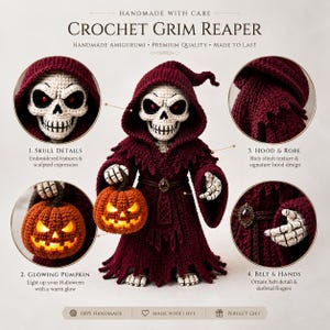 May include: A crochet Grim Reaper amigurumi doll wearing a deep burgundy hooded robe with a matching belt featuring an ornate clasp. The figure has a white skull head with red eyes and skeletal hands holding a glowing orange jack-o'-lantern.