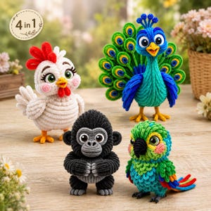 May include: Four pipe cleaner animal figures including a white chicken with a red comb, a blue and green peacock with a fanned tail, a black gorilla, and a green, blue, and red parrot. A circular tag in the upper left corner displays the text 4 in 1.
