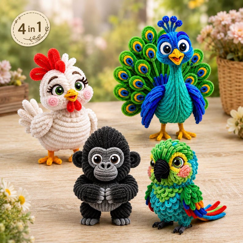 May include: Four pipe cleaner animal figures including a white chicken with a red comb, a blue and green peacock with a fanned tail, a black gorilla, and a green, blue, and red parrot. A circular tag in the upper left corner displays the text 4 in 1.