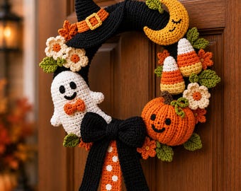 Halloween Crochet Wreath Pattern PDF Witch Ghost Pumpkin Door Decor Beginner Crochet Patterns Download