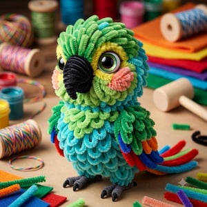 May include: A handcrafted parrot figurine constructed from fuzzy pipe cleaners in vibrant shades of green, blue, yellow, and red. The bird features large, glossy dark eyes, a textured black beak, and small grey feet, showcasing a detailed, layered plumage.
