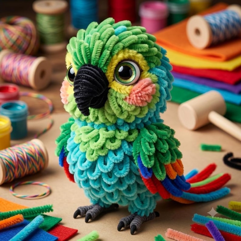May include: A handcrafted parrot figurine constructed from fuzzy pipe cleaners in vibrant shades of green, blue, yellow, and red. The bird features large, glossy dark eyes, a textured black beak, and small grey feet, showcasing a detailed, layered plumage.