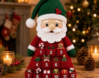 Crochet Advent Calendar Pattern PDF, Santa Christmas Countdown with Pockets, Beginner Amigurumi Holiday Decor