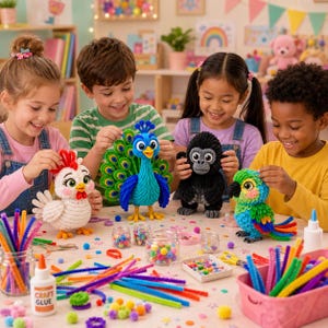 May include: Four children crafting with colorful pipe cleaners and yarn figures of a white chicken, a blue peacock, a black gorilla, and a green parrot. The table is filled with craft supplies including jars of small pom-poms, glue, and pipe cleaners.