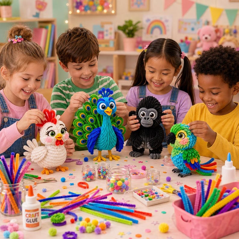 May include: Four children crafting with colorful pipe cleaners and yarn figures of a white chicken, a blue peacock, a black gorilla, and a green parrot. The table is filled with craft supplies including jars of small pom-poms, glue, and pipe cleaners.
