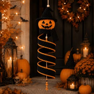 May include: A hanging crochet decoration featuring an orange jack-o'-lantern head wearing a black witch hat and scarf, attached to a long black and orange spiral tail. The ornament is suspended by a string with small wooden and glass beads.