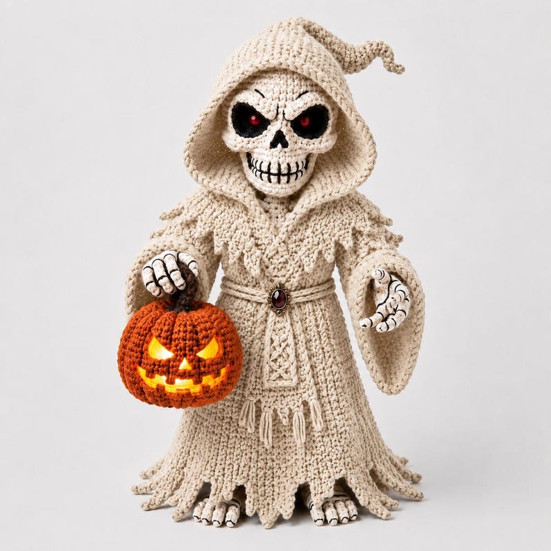 May include: A crocheted figure of a skeleton wearing a hooded beige robe with a dark gem at the waist. The skeleton has red eyes and holds a bright orange crocheted pumpkin with a glowing light inside. The robe features frayed edges at the hem.