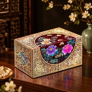 May include: A rectangular jewelry box with a deep red finish, featuring intricate mother-of-pearl inlay in floral and butterfly patterns. The front displays two large, vibrant purple and pink peony motifs, accented by a small butterfly-shaped metal handle.