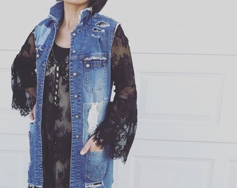 2 piece !! Distressed denim vest jacket and black lace dress