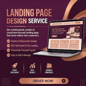 Könnte beinhalten: Eine digitale Werbeanzeige für einen Landingpage-Design-Service mit einem Laptop, der eine Website anzeigt. Der Text lautet LANDING PAGE DESIGN SERVICE, 7Studio Creative und ORDER NOW. Es werden Funktionen wie modernes Design und SEO-Optimierung hervorgehoben.