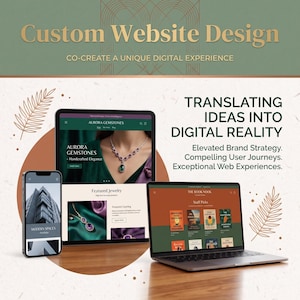 Peut inclure: Un graphique de marketing numérique montrant un ordinateur portable, une tablette et un smartphone affichant des designs de sites web. Le texte inclut Custom Website Design, Co-Create a Unique Digital Experience et Translating Ideas into Digital Reality.
