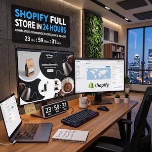 Pode incluir: Um espaço de trabalho com um portátil, um monitor exibindo o site da Artisan Brews Co. e outro com o painel Shopify. Um temporizador digital marca 23:59:31, uma caneca Shopify Partner e uma placa com o texto SHOPIFY FULL STORE IN 24 HOURS.