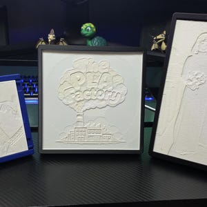 May include: Three framed 3D-printed white relief plaques. The left plaque is rectangular with a blue frame showing a skeleton. The centre square plaque has a black frame and the text The Pea Factory. The right plaque is rectangular with a black frame.