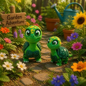 May include: Two green turtle figurines with large eyes and yellow shell markings standing on a stone path. A wooden sign with the text Garden Adventure is visible to the left, surrounded by colorful flowers and a teal watering can in the background.