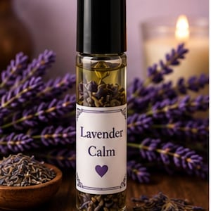 May include: A 10 mL clear glass roll-on bottle filled with lavender herbs and essential oil. The white label features the text Lavender Calm and a purple heart. The bottle is topped with a black cap and includes text stating Handcrafted Botanical Roller, Made with Lavender Herbs and Lavender Essential Oil, and For External Use Only.
