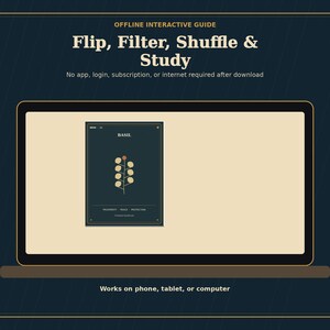 Op de afbeelding: Een digitaal scherm toont een offline interactieve gids met de tekst Flip, Filter, Shuffle & Study. Het heeft een donkerblauwe achtergrond, een centrale afbeelding van een basilicumplant en de tekst No app, login, subscription, or internet required.