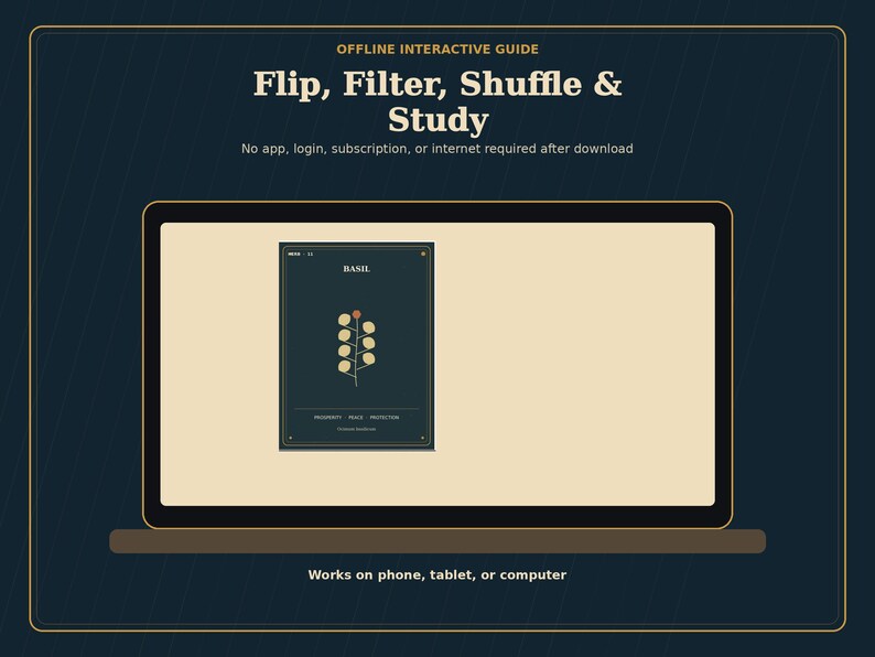 Op de afbeelding: Een digitaal scherm toont een offline interactieve gids met de tekst Flip, Filter, Shuffle & Study. Het heeft een donkerblauwe achtergrond, een centrale afbeelding van een basilicumplant en de tekst No app, login, subscription, or internet required.