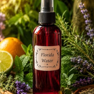 May include: A dark amber spray bottle with a black nozzle and a white rectangular label featuring the text Florida Water in a black serif font, surrounded by a decorative border, centered against a backdrop of fresh herbs and citrus.