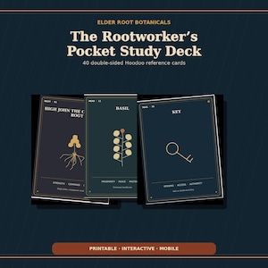 May include: A set of 40 double-sided Hoodoo reference cards titled The Rootworker's Pocket Study Deck by Elder Root Botanicals. The cards feature dark backgrounds with gold illustrations of roots, herbs, and symbols, including High John the Conqueror, Basil, and Key.