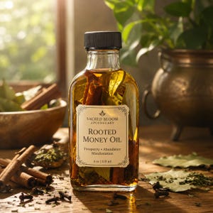 May include: A clear glass bottle filled with golden oil, cinnamon sticks, and dried leaves. The label reads Sacred Bloom Apothecary Rooted Money Oil, Prosperity Abundance Manifestation, 4 oz | 118 ml. It has a black screw-top cap.