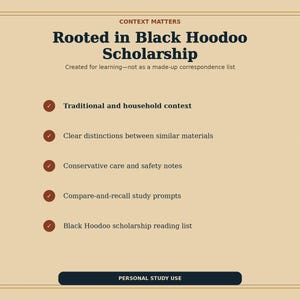 Op de afbeelding: Een beige informatieve afbeelding getiteld Rooted in Black Hoodoo Scholarship. Het bevat vijf opsommingstekens met vinkjes: Traditional and household context, Clear distinctions between similar materials, Conservative care and safety notes, Compare-and-recall study prompts en Black Hoodoo scholarship reading list. Een donkere knop onderaan toont Personal Study Use.