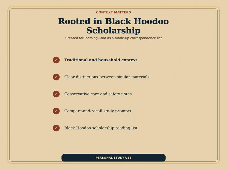 Op de afbeelding: Een beige informatieve afbeelding getiteld Rooted in Black Hoodoo Scholarship. Het bevat vijf opsommingstekens met vinkjes: Traditional and household context, Clear distinctions between similar materials, Conservative care and safety notes, Compare-and-recall study prompts en Black Hoodoo scholarship reading list. Een donkere knop onderaan toont Personal Study Use.