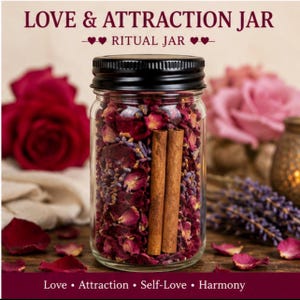 May include: A clear glass jar with a black lid containing dried red rose petals, lavender buds, and two cinnamon sticks. The text LOVE & ATTRACTION JAR RITUAL JAR and Love, Attraction, Self-Love, Harmony are printed on the image.
