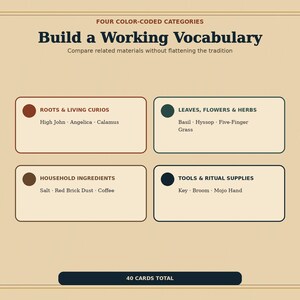 Op de afbeelding: Een beige informatiekaart met de titel Build a Working Vocabulary met vier kleurgecodeerde categorie&euml;n: Roots & Living Curios, Leaves, Flowers & Herbs, Household Ingredients en Tools & Ritual Supplies, met vermelding van items en in totaal 40 kaarten.