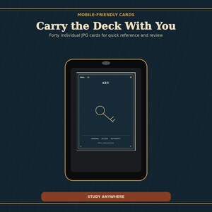 Op de afbeelding: Een donkerblauwe digitale tablet met een kaart met de tekst KEY, een illustratie van een sleutel en de woorden OPENING ACCESS AUTHORITY. Het scherm toont MOBILE-FRIENDLY CARDS, Carry the Deck With You, Forty individual JPG cards en STUDY ANYWHERE.
