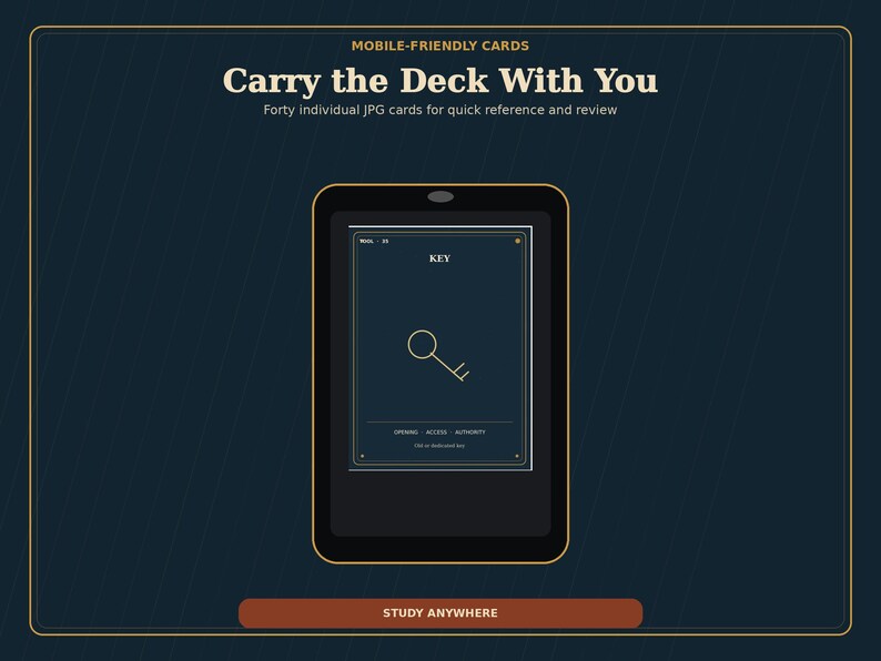 Op de afbeelding: Een donkerblauwe digitale tablet met een kaart met de tekst KEY, een illustratie van een sleutel en de woorden OPENING ACCESS AUTHORITY. Het scherm toont MOBILE-FRIENDLY CARDS, Carry the Deck With You, Forty individual JPG cards en STUDY ANYWHERE.