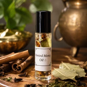May include: A clear glass roller bottle filled with oil and botanical ingredients, featuring a white label with the text Rooted Money Oil. The bottle has a black cap and is positioned upright, containing visible herbs, leaves, and small woody pieces.
