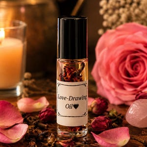 May include: A clear glass roller bottle filled with golden oil and dried botanical pieces. The white label features the black text Love-Drawing Oil with a heart symbol. The bottle has a black cap and contains visible plant matter inside.