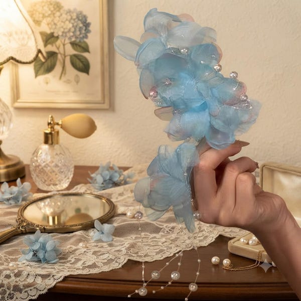 Blue Flower Pearl Tassel Hair Clip, Romantic Floral Hair Accessory, Elegant Organza Barrettes, Vintage Bridal Hair Piece