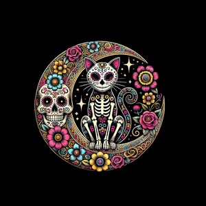 May include: A circular graphic design featuring a cat with a skeletal pattern and sugar skull face markings sitting on a crescent moon. The moon is decorated with colourful flowers and a sugar skull, all set against a solid black background.
