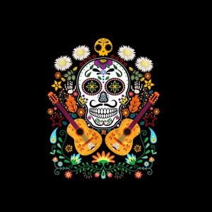 May include: A colourful graphic illustration featuring a central white sugar skull with intricate patterns, surrounded by two acoustic guitars, white daisy flowers, orange leaves, small stars, and green vines against a solid black background.