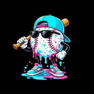 May include: A cartoon baseball character wearing a bright blue cap and black sunglasses, holding a wooden baseball bat. The ball features pink and blue paint splatters, white gloves, and matching blue and pink trainers with melting paint.